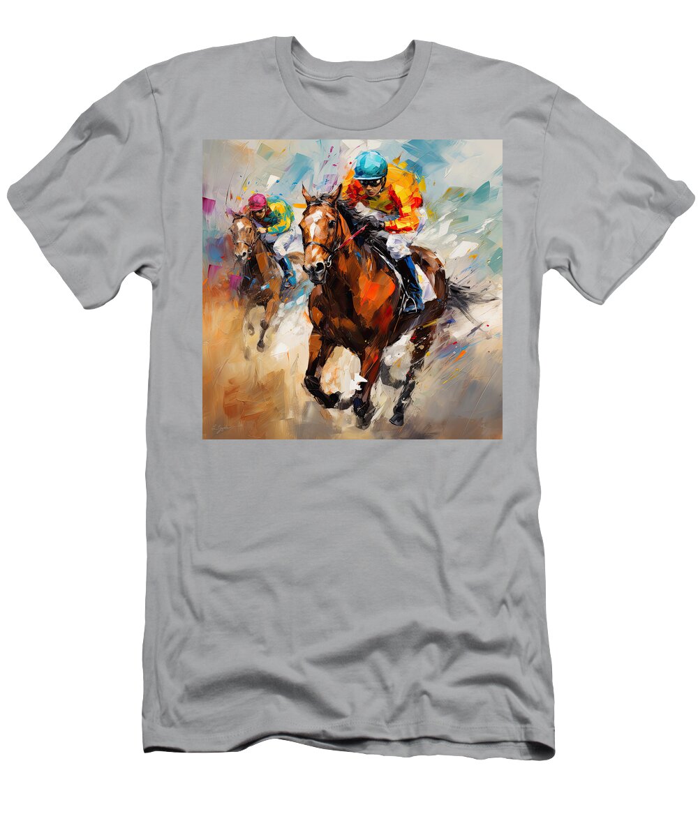 Horse Racing T-Shirt featuring the painting Dedication - Horse Racing Art by Lourry Legarde
