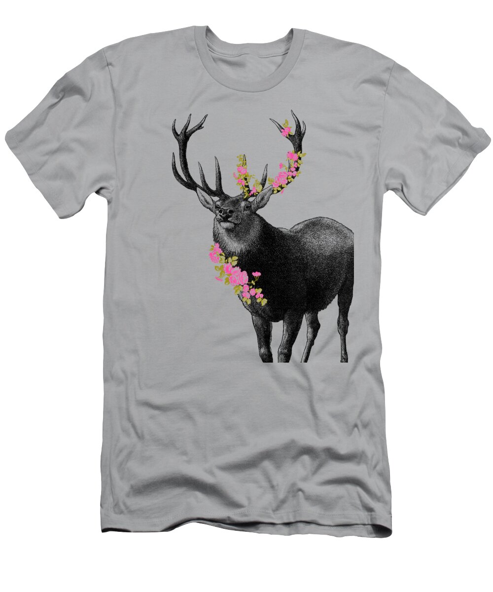 Deer T-Shirt featuring the digital art Deer with pink flowers by Madame Memento