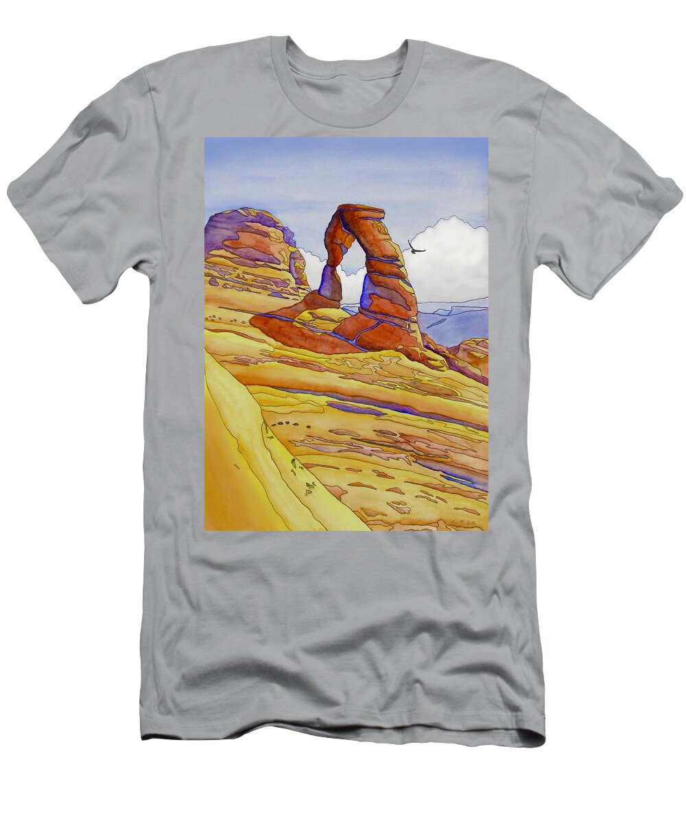Kim Mcclinton T-Shirt featuring the painting Delicate Arch by Kim McClinton