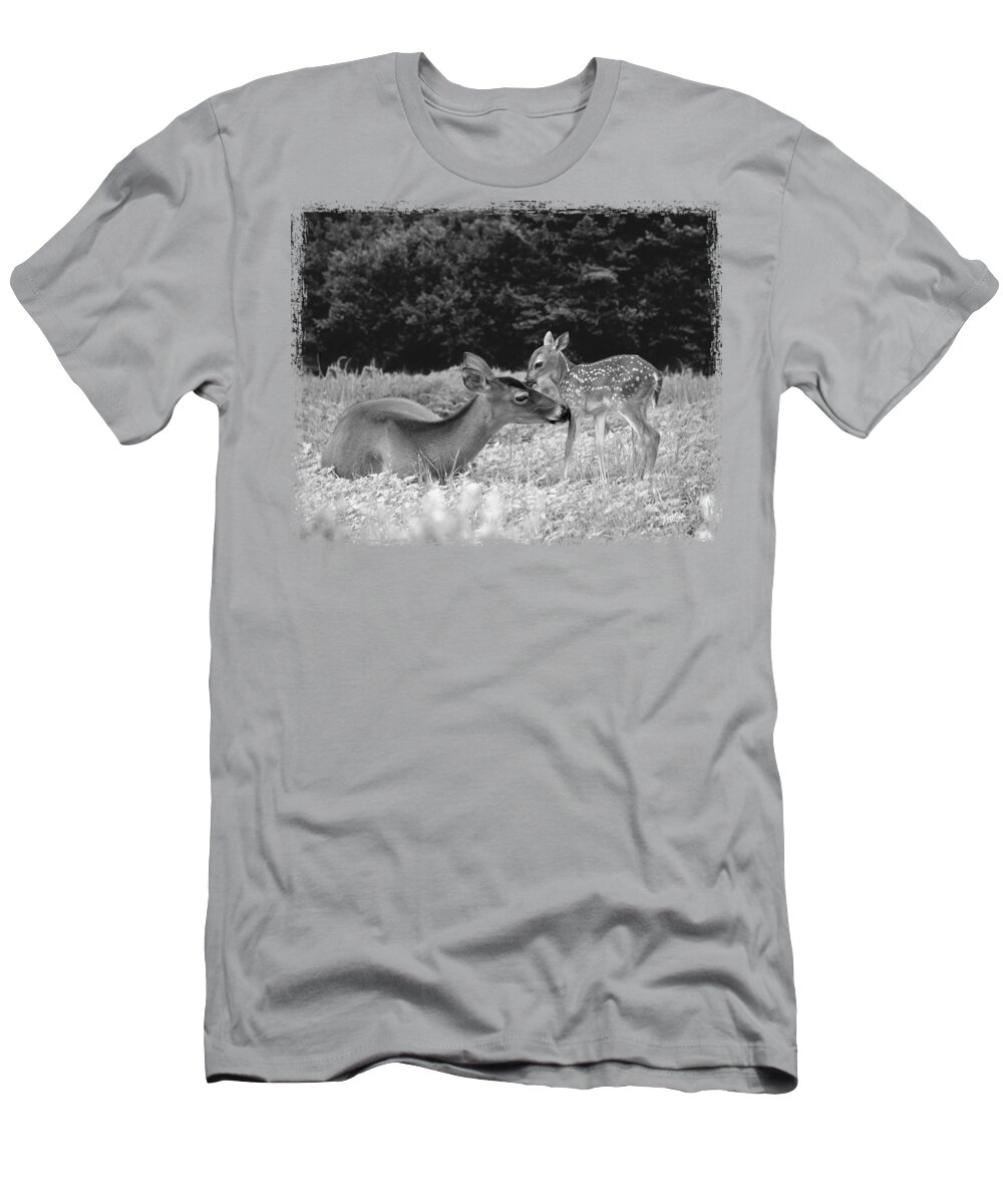 Fawn T-Shirt featuring the digital art Doe and Fawn Share a Tender Moment in Black and White by Nikki Marie Smith