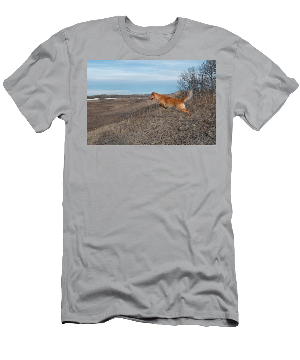 Leap T-Shirt featuring the photograph Dog Leaping Down A Hill by Karen Rispin