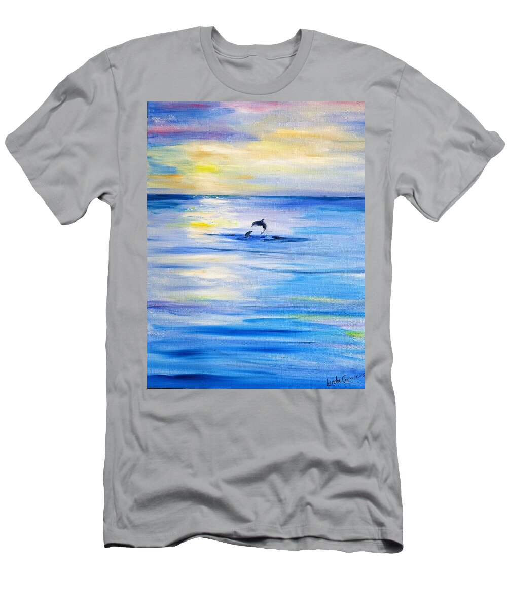 Dolphin T-Shirt featuring the painting Dolphins at Play by Linda Cabrera