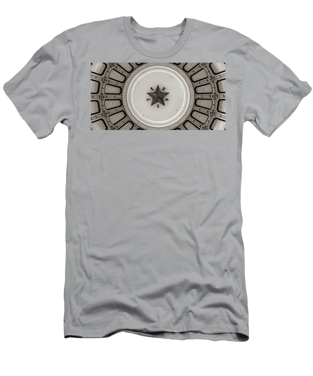 Austin Texas T-Shirt featuring the photograph Dome of the Capitol Building - Austin Texas Panorama Sepia by Gregory Ballos