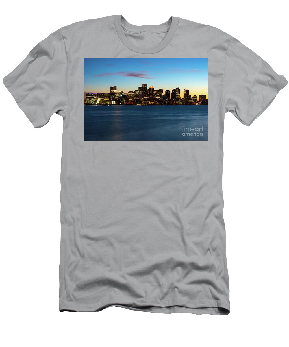 2014 T-Shirt featuring the photograph Downtown Boston Skyline at Night Sunset Photo by Paul Velgos