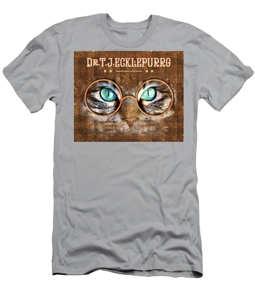 Dr Tj Ecklepurrg T-Shirt featuring the mixed media Dr. T. J. Ecklepurrg is watching you - Dr. T.J Eckleburg - The Great Gatsby - Cat with glasses 02 by Studio Grafiikka
