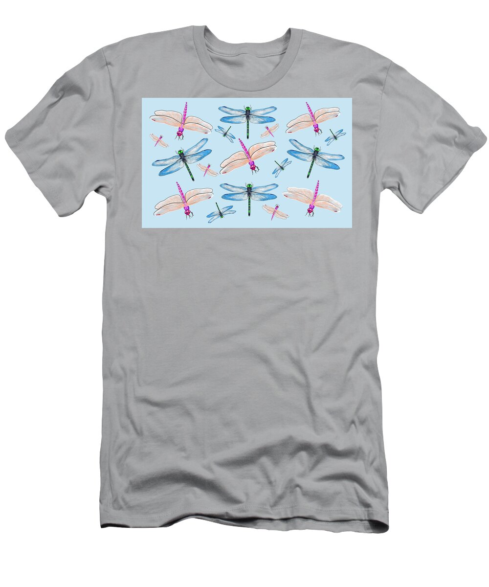 Dragonflies In Blue Sky By Judy Link Cuddehe T-Shirt featuring the mixed media Dragonflies in Blue Sky by Judy Link Cuddehe