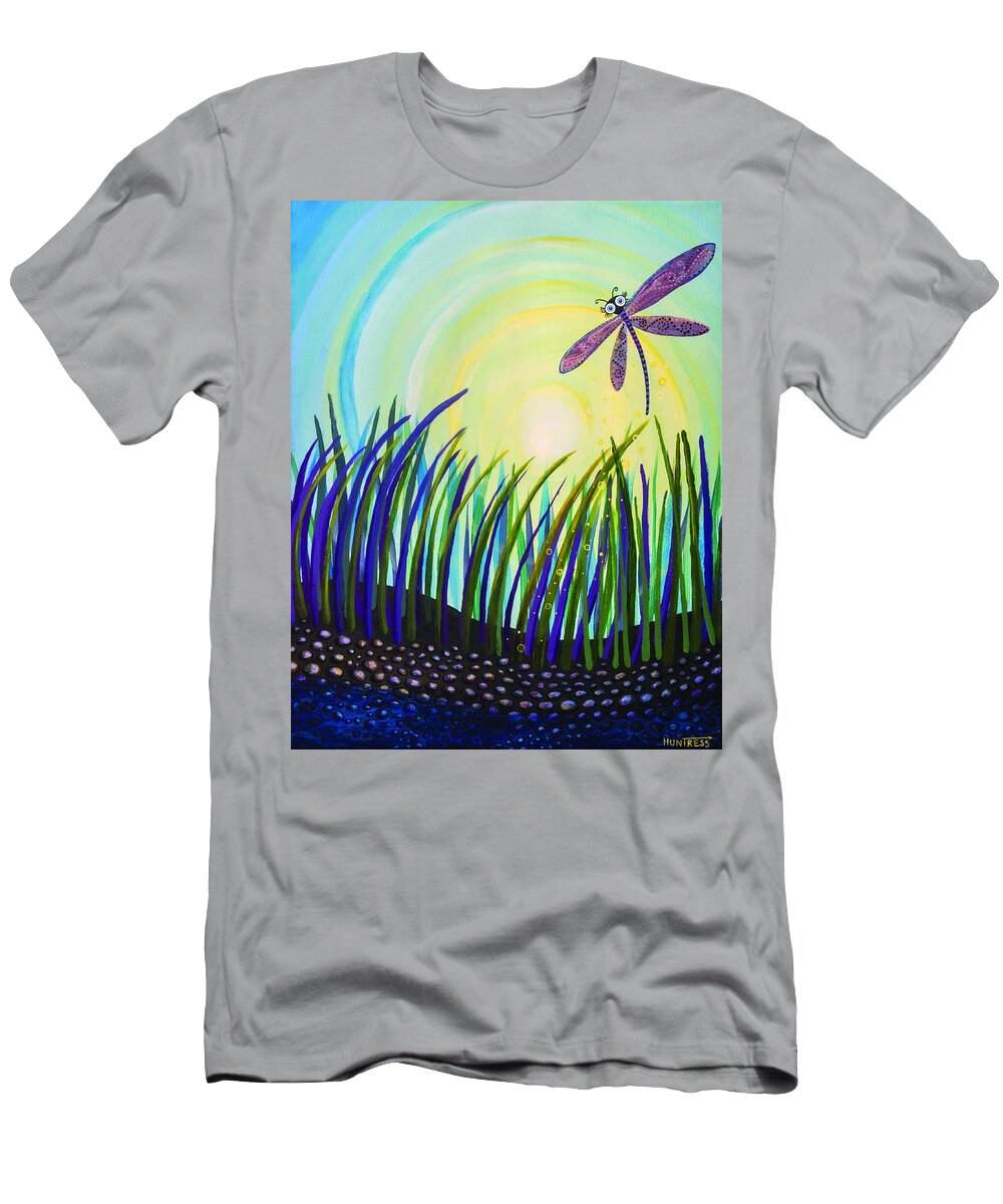 Dragon Fly T-Shirt featuring the painting Dragonfly at the Bay III by Mindy Huntress