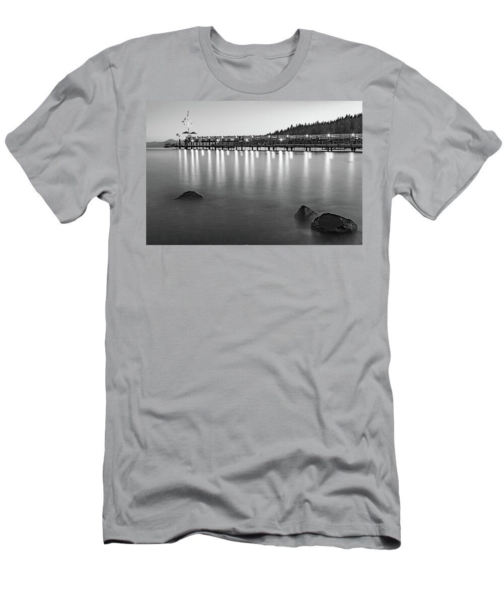 Lake Tahoe T-Shirt featuring the photograph Dusk At Gar Woods Pier In Lake Tahoe - Black And White Edition by Gregory Ballos