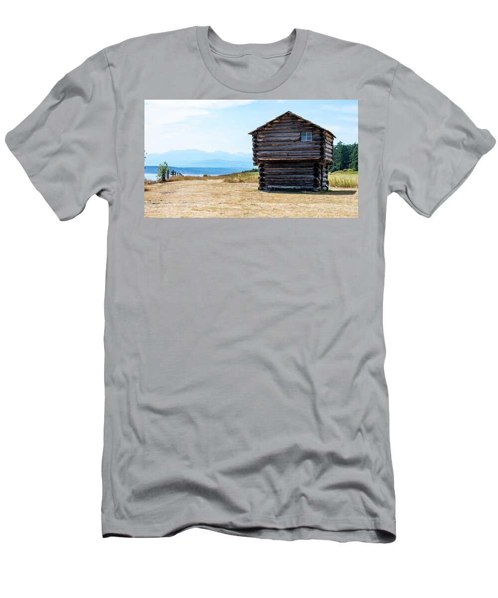 Ebey's Blockhouse And Olympic Mountains T-Shirt featuring the photograph Ebey's Blockhouse and Olympic Mountains by Tom Cochran