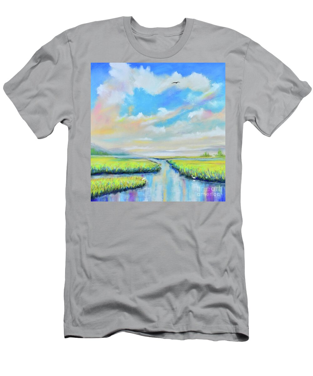 Marsh T-Shirt featuring the painting Egrets Marsh by Mary Scott