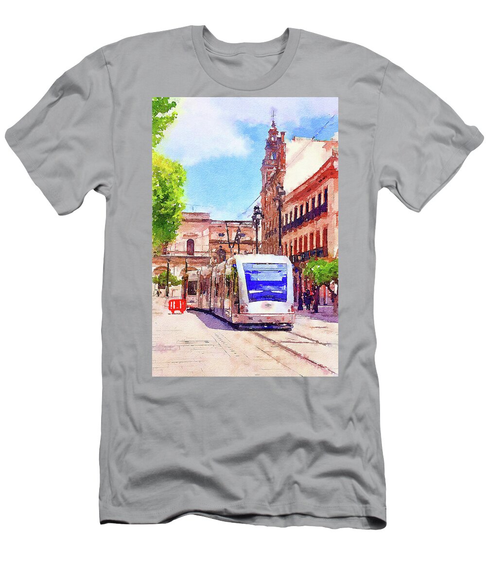 Tram T-Shirt featuring the mixed media Electric tram Seville, Spain by Tatiana Travelways