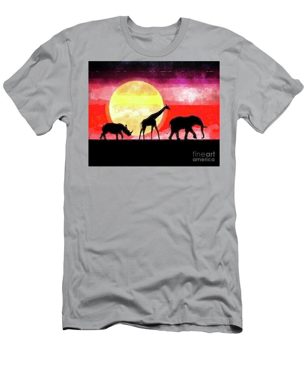 Elephant T-Shirt featuring the digital art Elephant Giraffe Rhinoceros by Phil Perkins