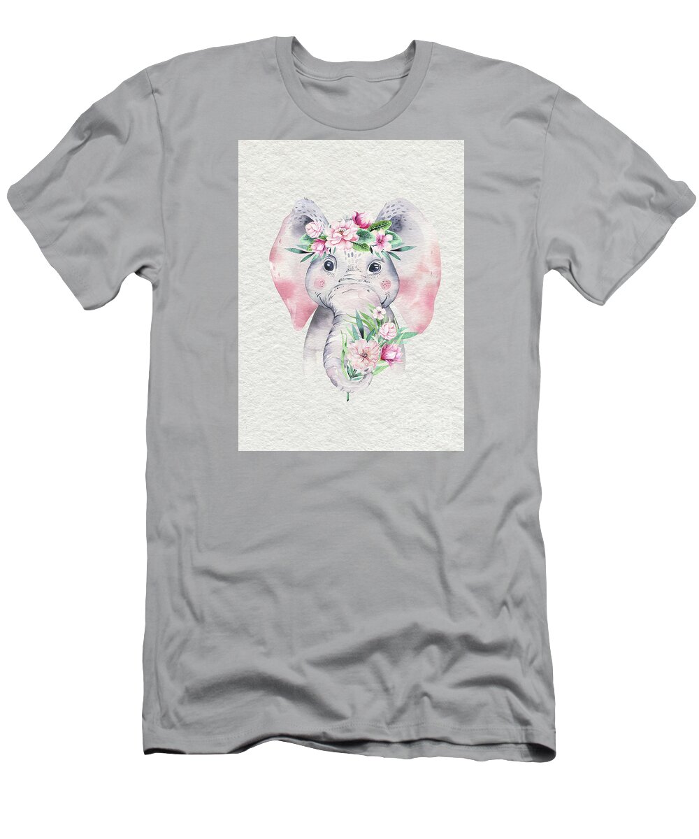 Elephant T-Shirt featuring the painting Elephant With Flowers by Nursery Art