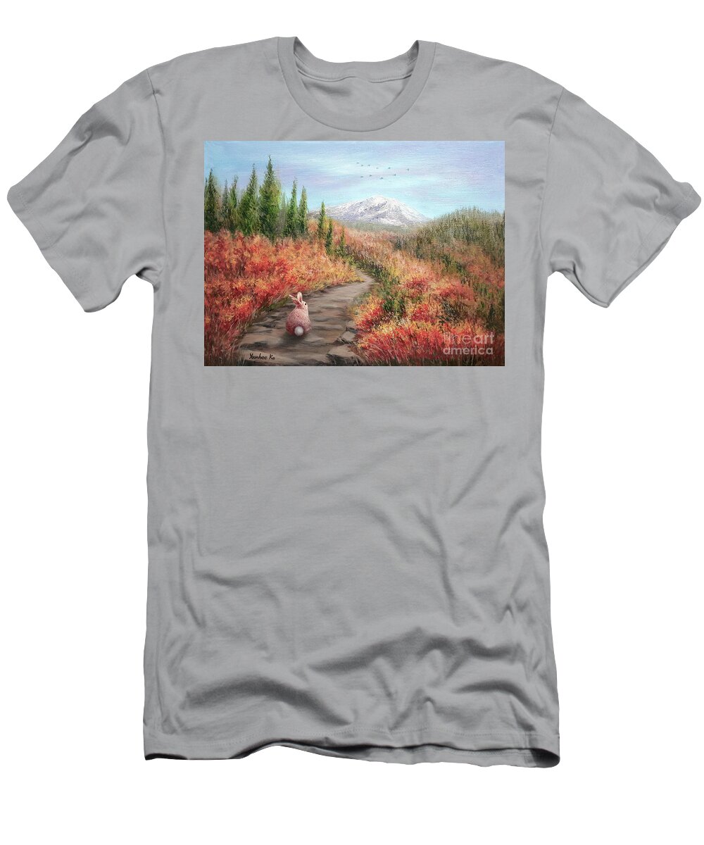 Hiking Bunny T-Shirt featuring the painting Enter Autumn by Yoonhee Ko