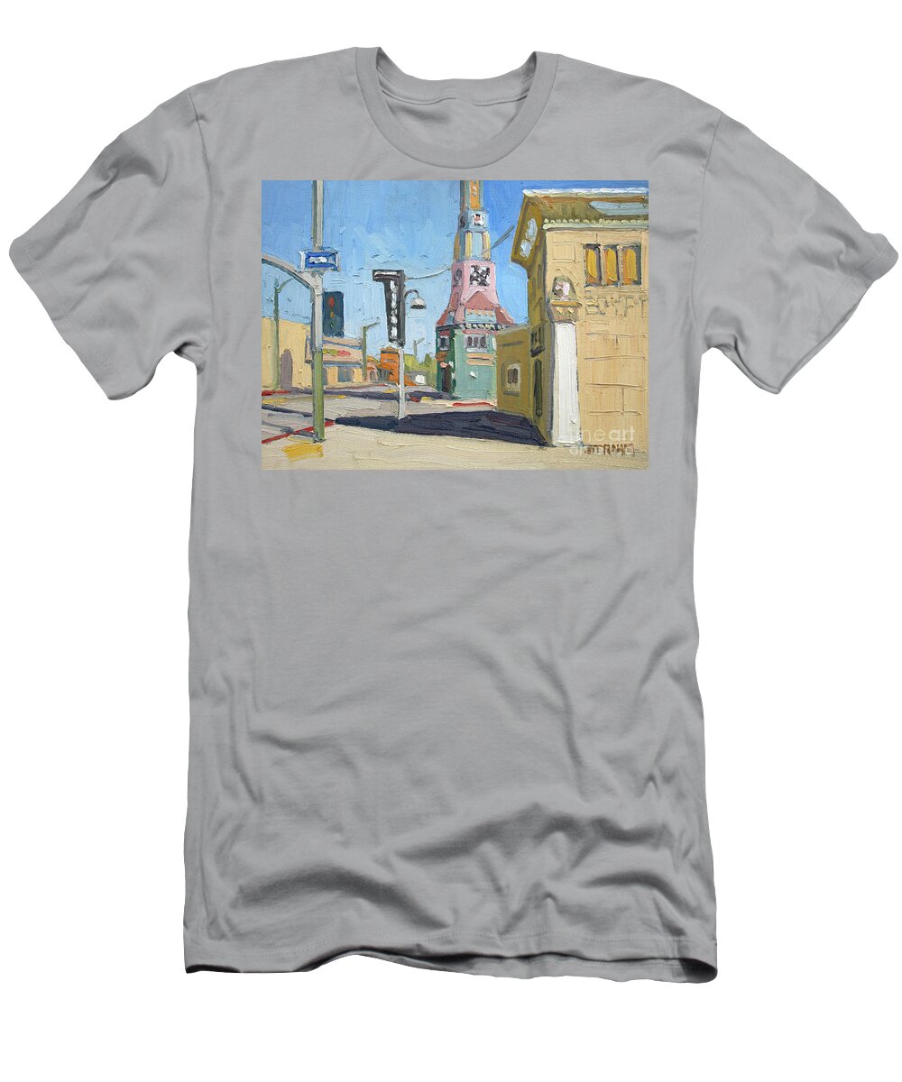 Euclid Tower T-Shirt featuring the painting Euclid Tower - City Heights, San Diego, California by Paul Strahm