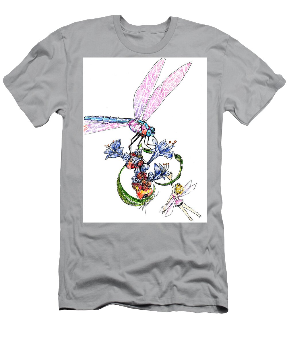 Bug T-Shirt featuring the drawing Fairy and Dragonfly by Marnie Clark