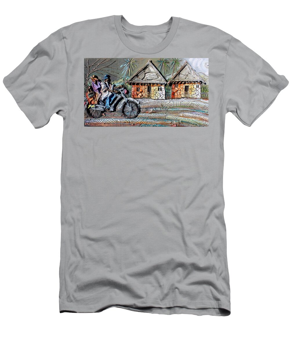 Africa T-Shirt featuring the painting Family Cyclist by Paul Gbolade Omidiran