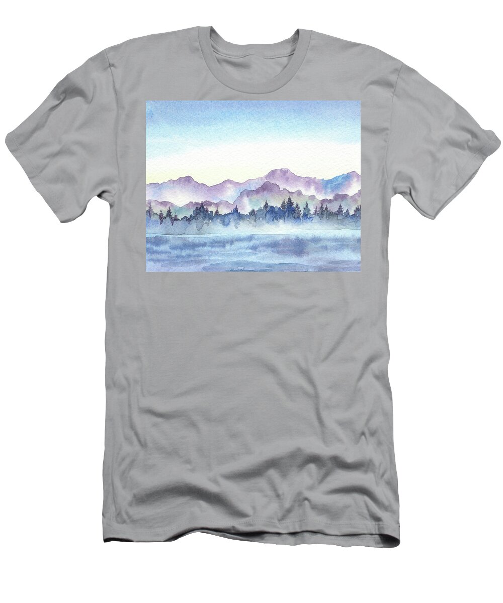 Pine Forest T-Shirt featuring the painting Far Pine Trees Forest Foggy River Hills Watercolor by Irina Sztukowski