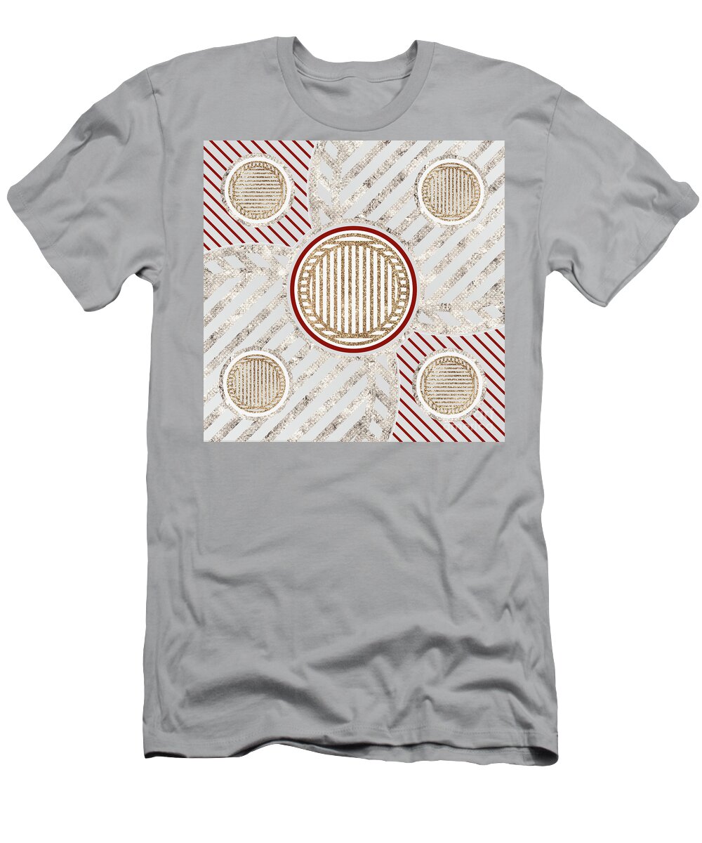 Abstract T-Shirt featuring the mixed media Festive Sparkly Geometric Glyph Art in Red Silver and Gold n.0097 by Holy Rock Design