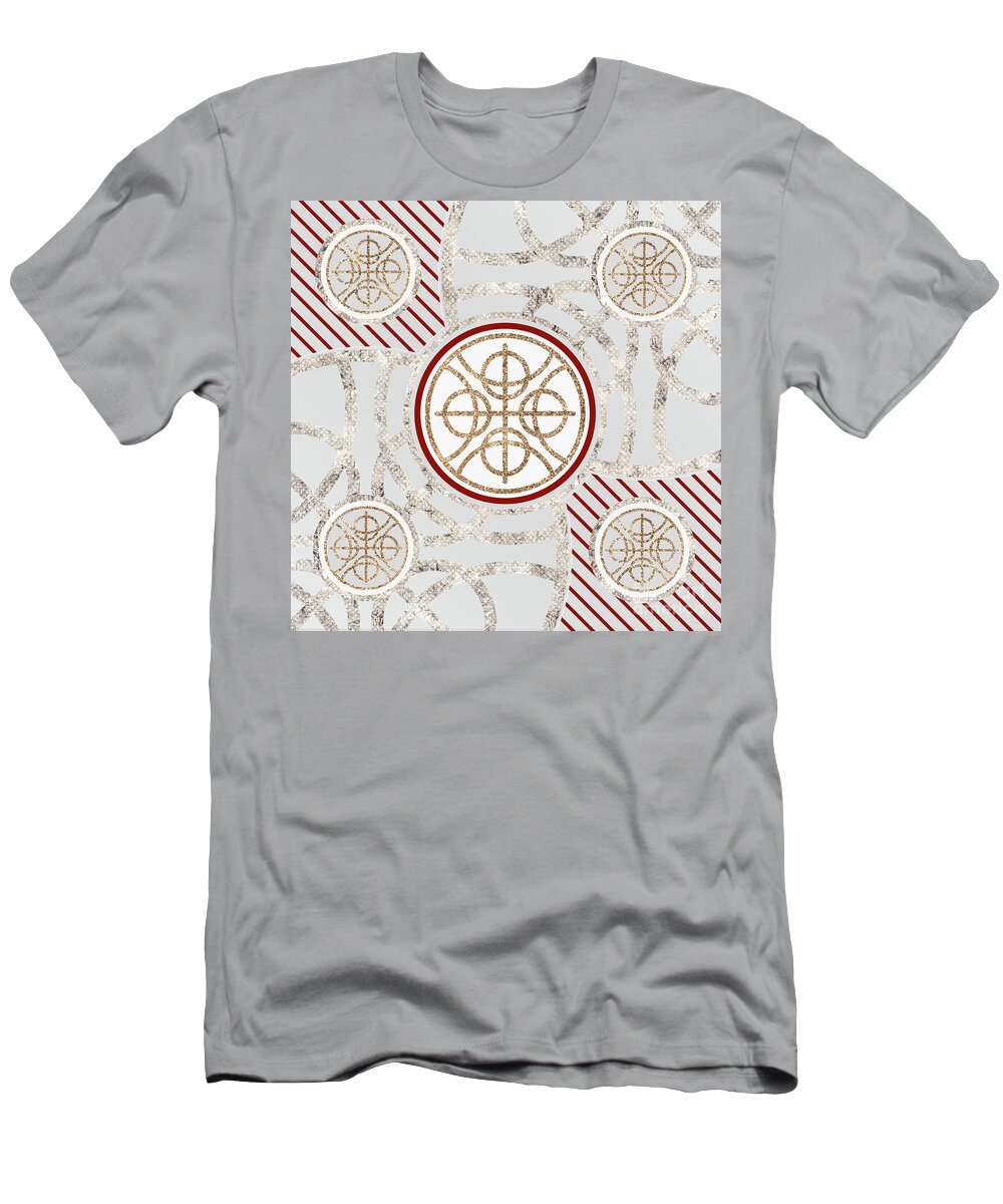 Abstract T-Shirt featuring the mixed media Festive Sparkly Geometric Glyph Art in Red Silver and Gold n.0292 by Holy Rock Design