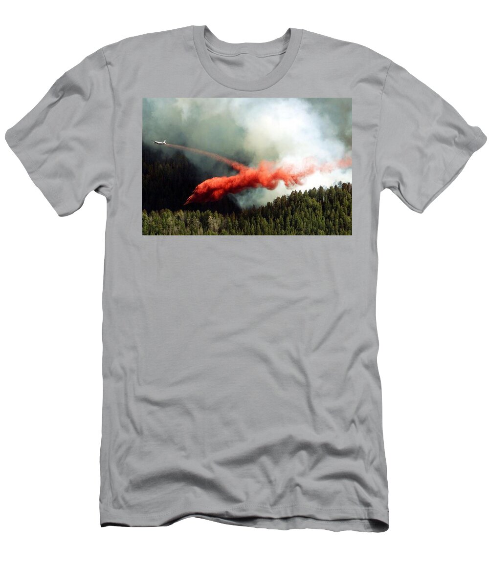 A Tanker Drops Fire Retardant On A Wildfire. T-Shirt featuring the photograph Fire Retardant Drop by Rick Wilking