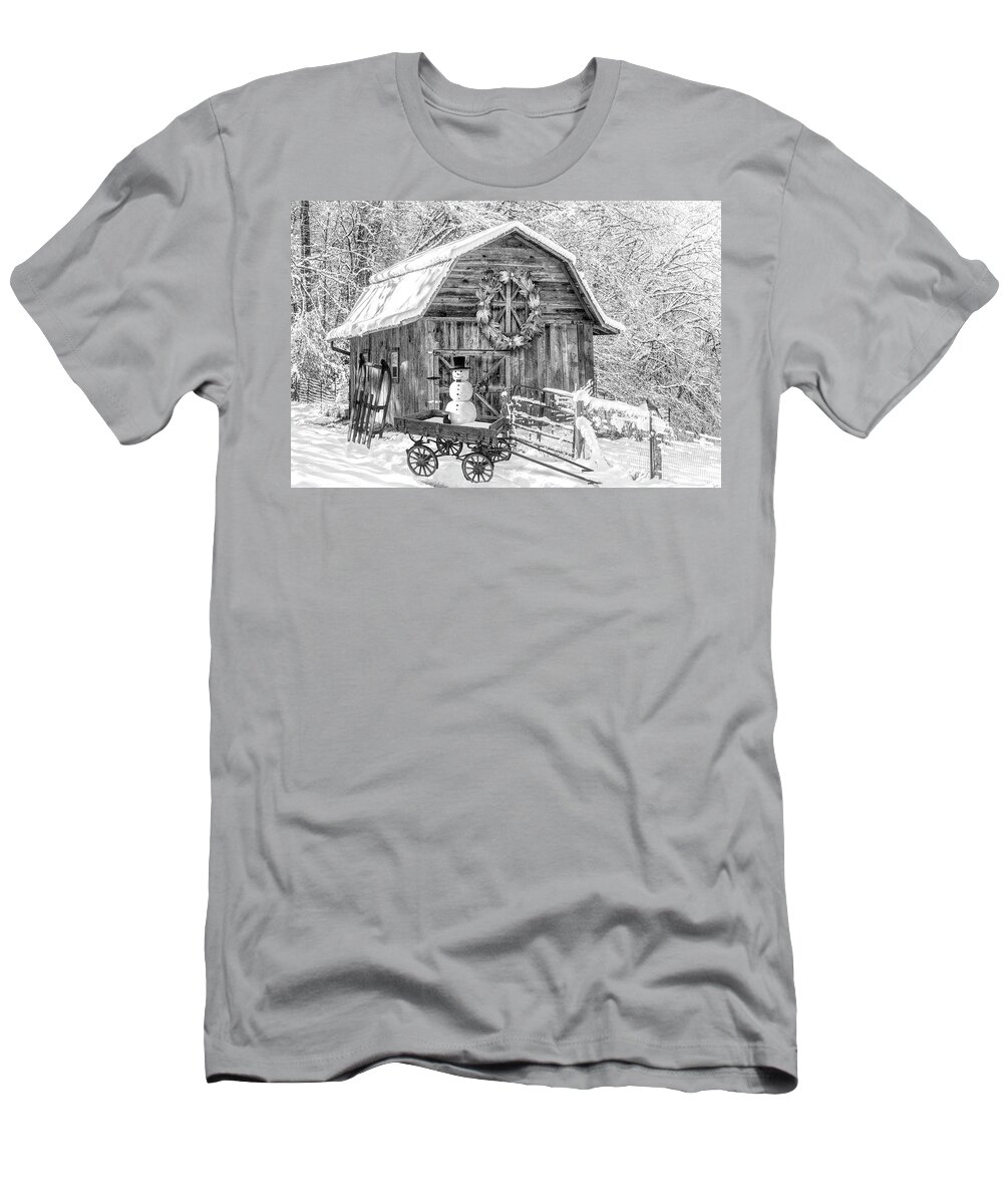 White T-Shirt featuring the photograph First Snowman of the Season Black and White by Debra and Dave Vanderlaan