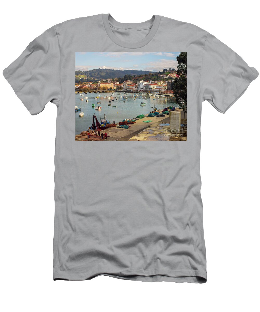 Cityscape T-Shirt featuring the photograph Fishermen Repairing Nets on the Beautiful Fishing Town of Pontedeume La Coruna Galicia by Pablo Avanzini