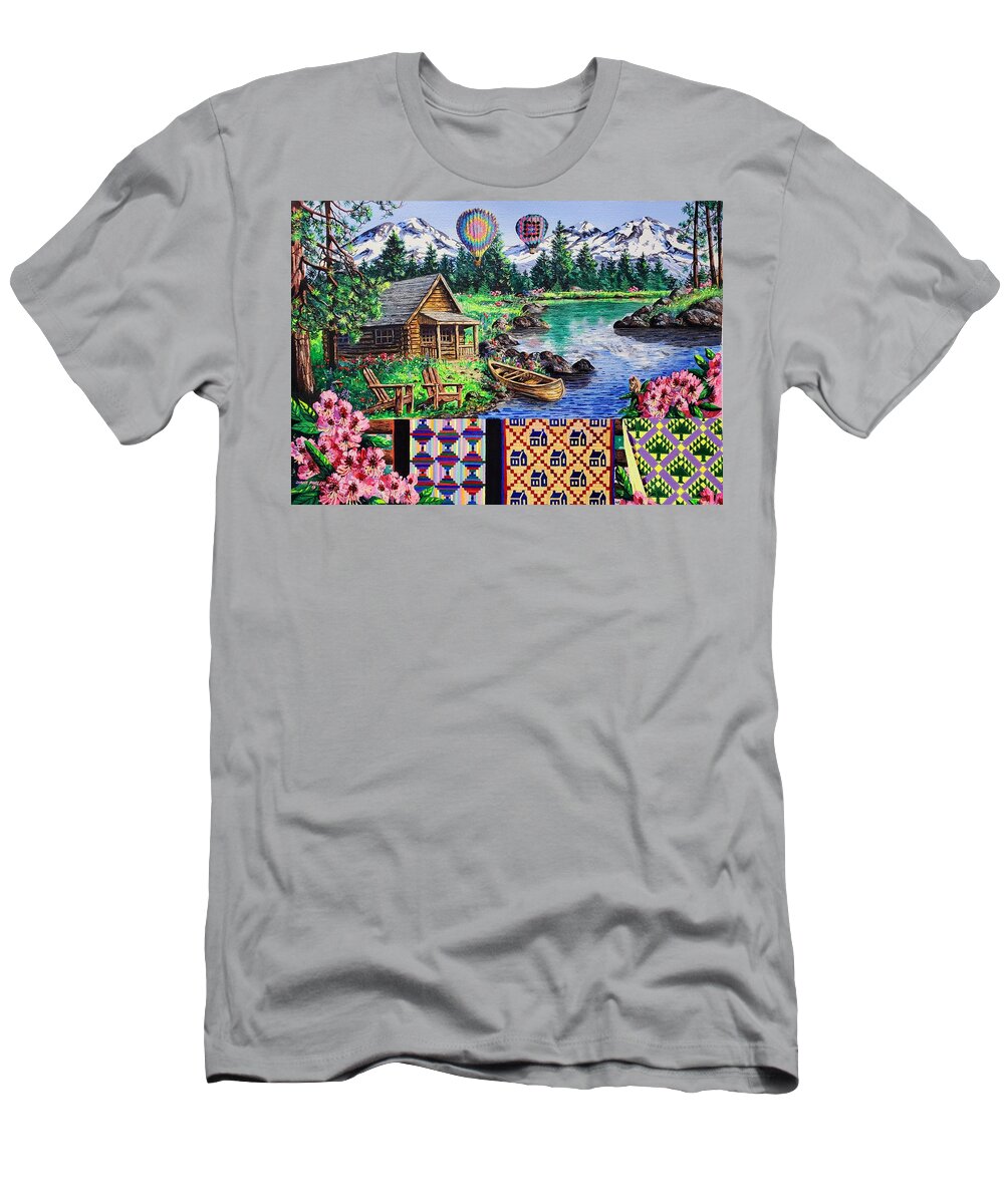 Quilts T-Shirt featuring the painting Floating Over Sisters by Diane Phalen