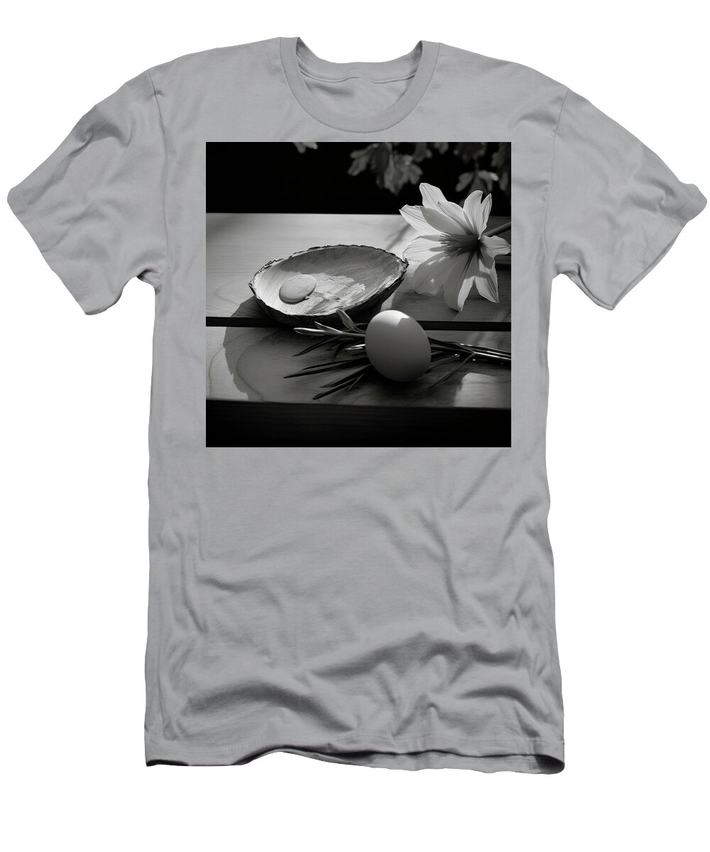 Black And White T-Shirt featuring the digital art Flower Egg and Carved Knot Bowl by YoPedro