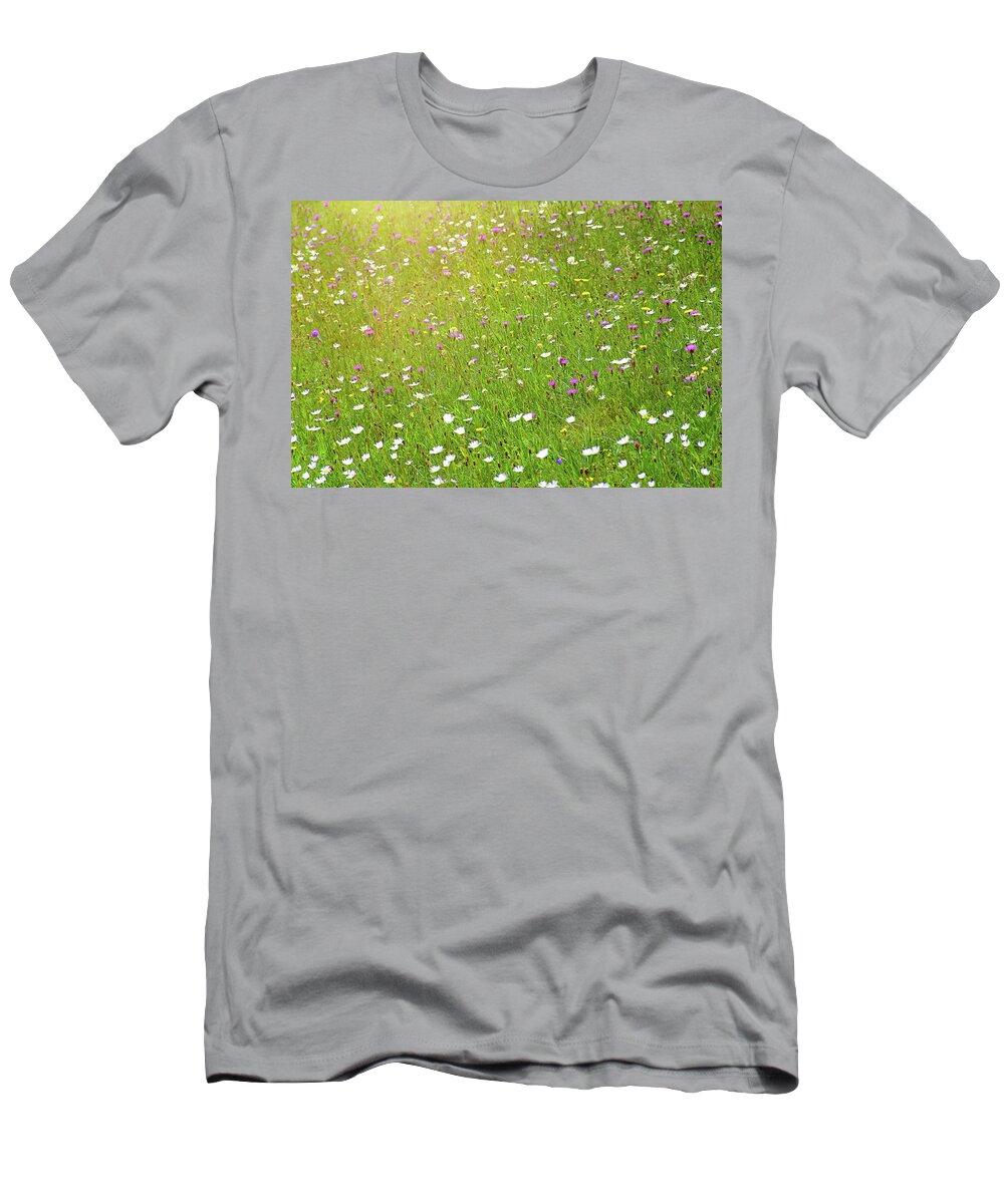 Idyllic T-Shirt featuring the photograph Flower meadow in sunlight by Bernhard Schaffer