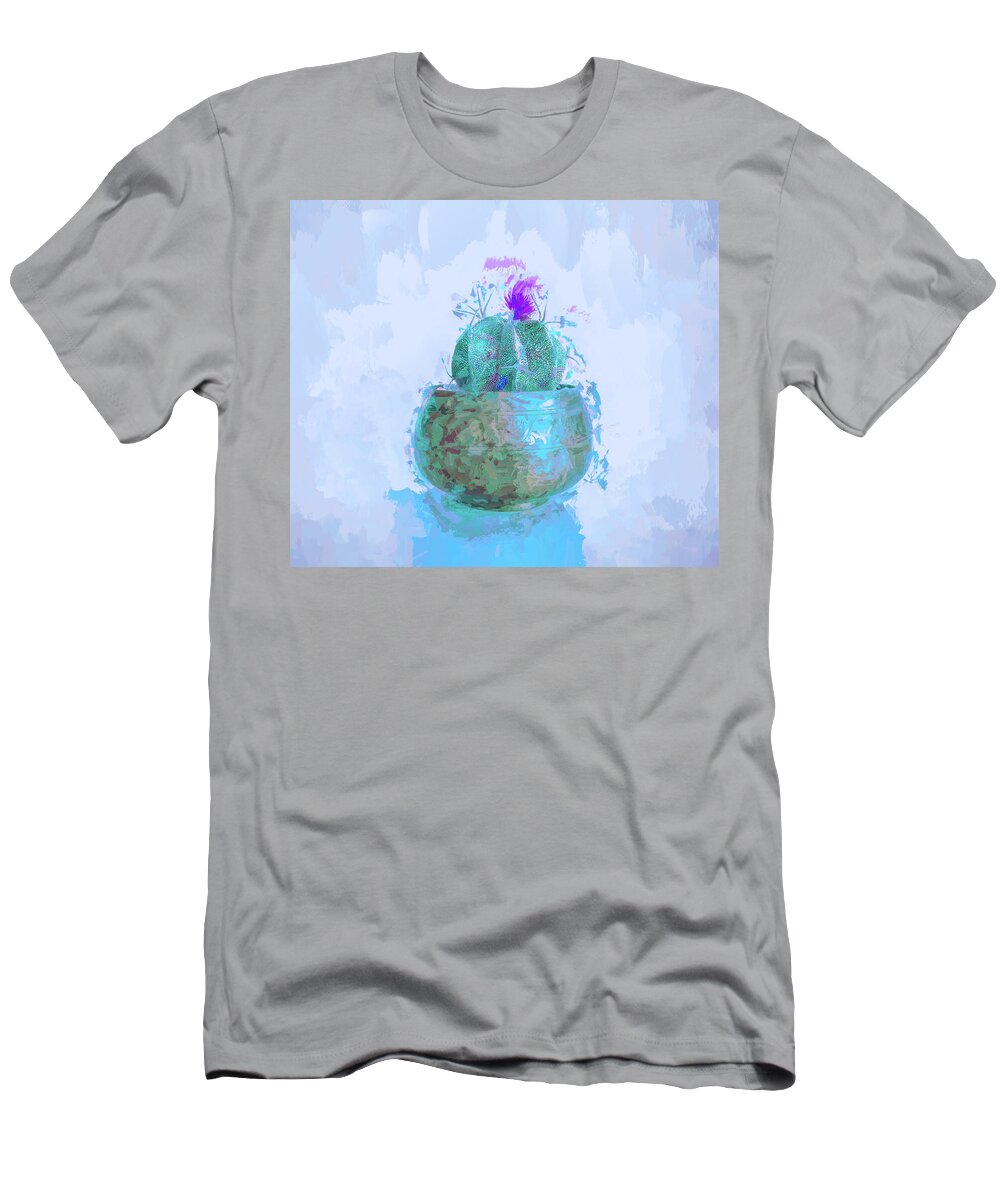 Still Life T-Shirt featuring the mixed media Flowering Cactus In Pot by Deborah League