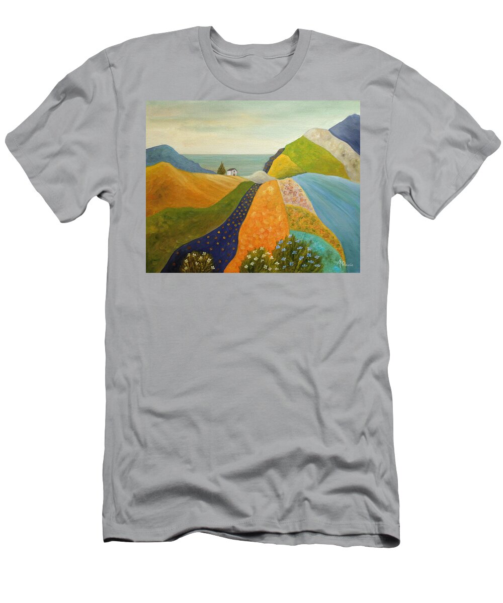 Seascape T-Shirt featuring the painting Flowing To The Sea by Angeles M Pomata