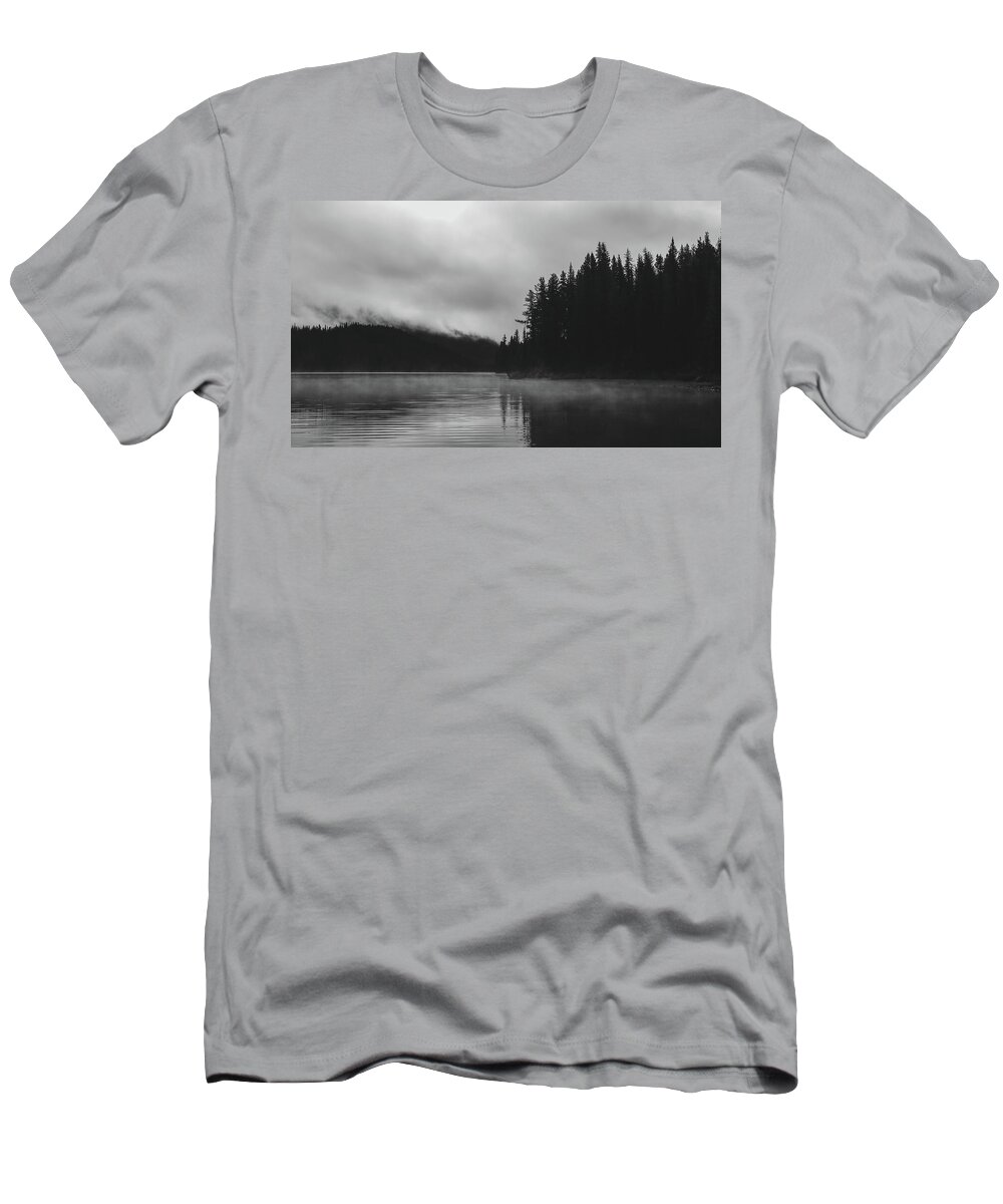 Foggy Forest Reflection Black And White T-Shirt featuring the photograph Foggy Forest Reflection Black And White by Dan Sproul