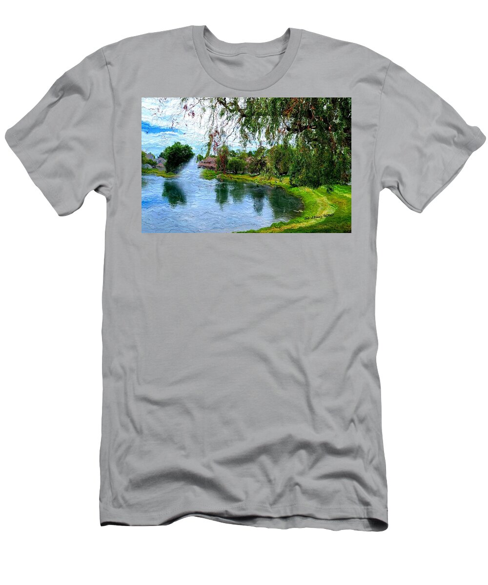 Digital Lake Fountain Summer Seasonal Summer Scenic T-Shirt featuring the digital art Fountain Lake by Bob Shimer