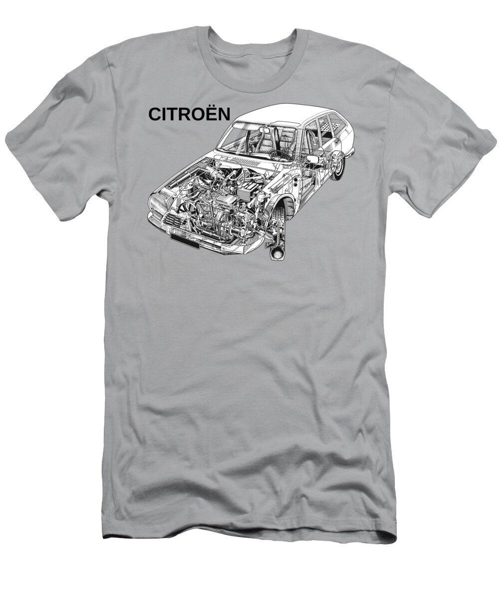 Rma T-Shirt featuring the drawing French legendary family car Citroen GS Birotor. Cutaway automotive art by Vladyslav Shapovalenko