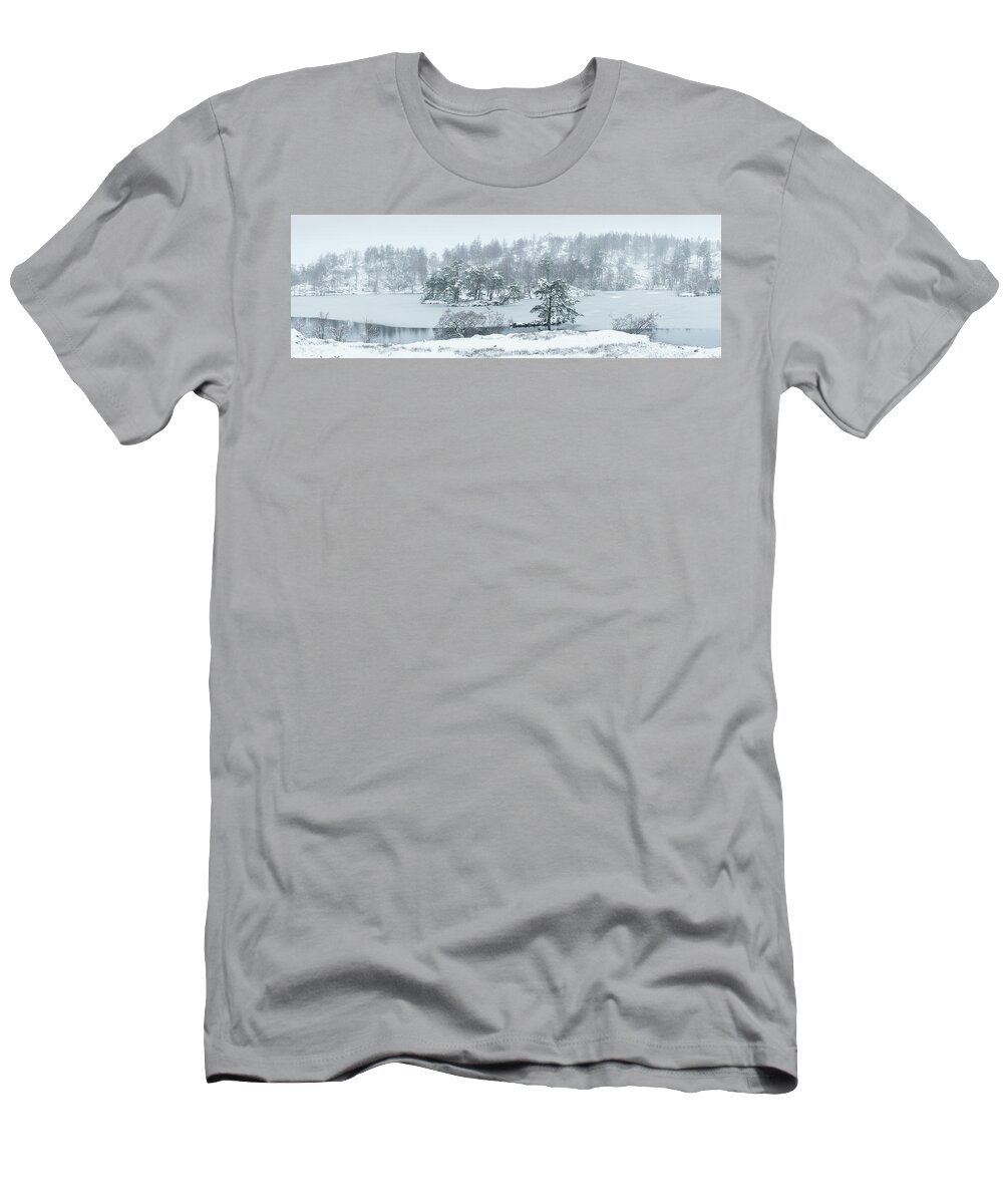 Panorama T-Shirt featuring the photograph Frozen Tarn Hows Covered in Snow Lake District by Sonny Ryse