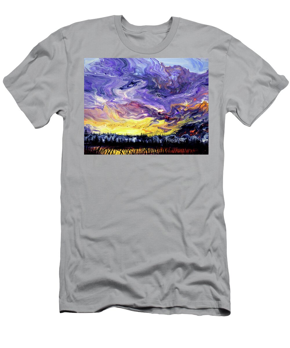 Geese T-Shirt featuring the painting Geese Over a Wetlands Pond at Sunset by Laura Iverson