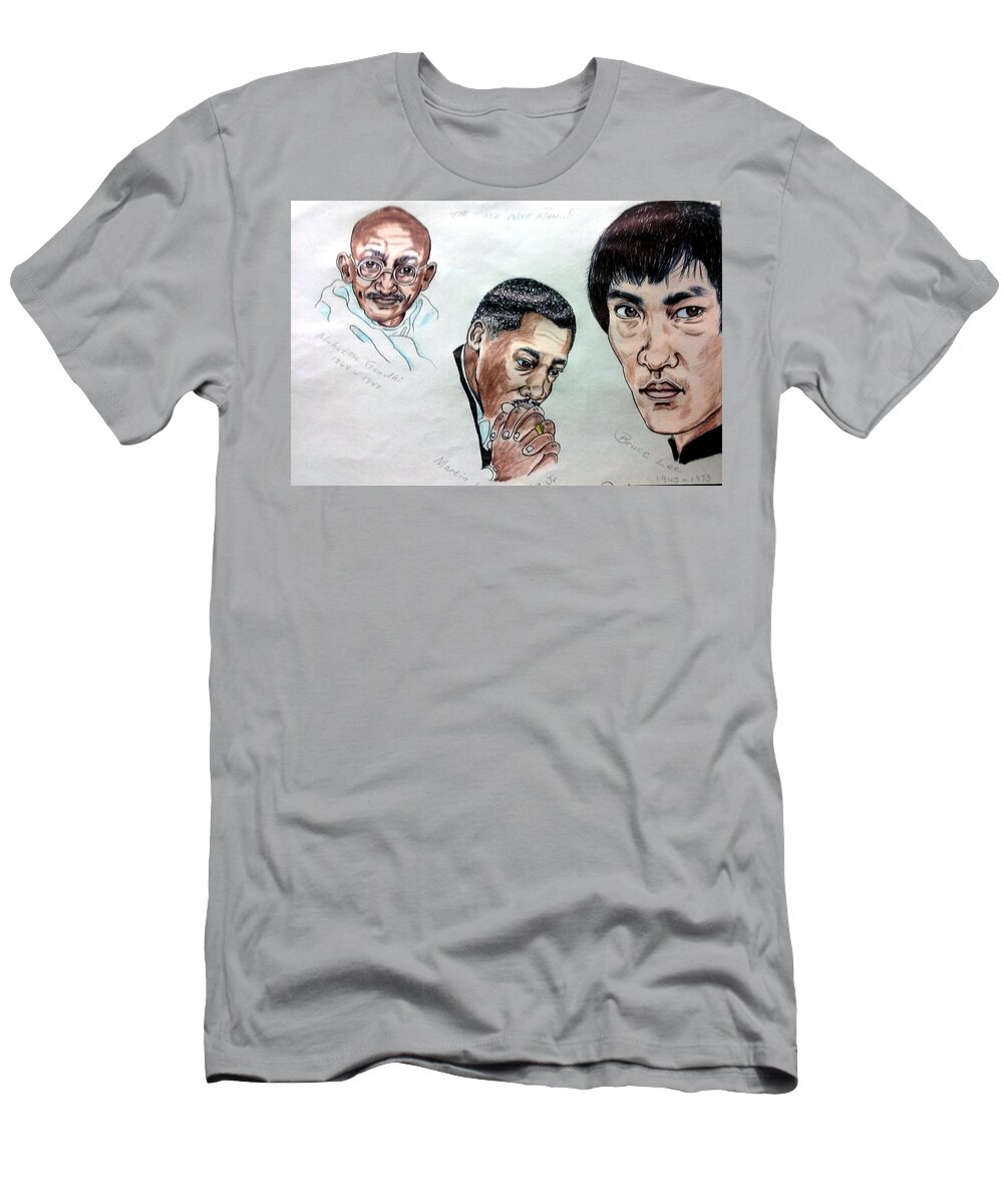 Black Art T-Shirt featuring the drawing Ghandi, King, and Lee by Joedee