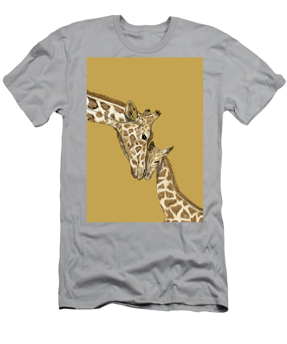 Nature T-Shirt featuring the mixed media Giraffe Mom and Baby by Judy Cuddehe