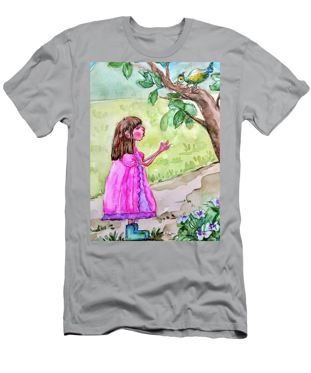 Bird T-Shirt featuring the painting Girl Singing with Bird by Mikyong Rodgers