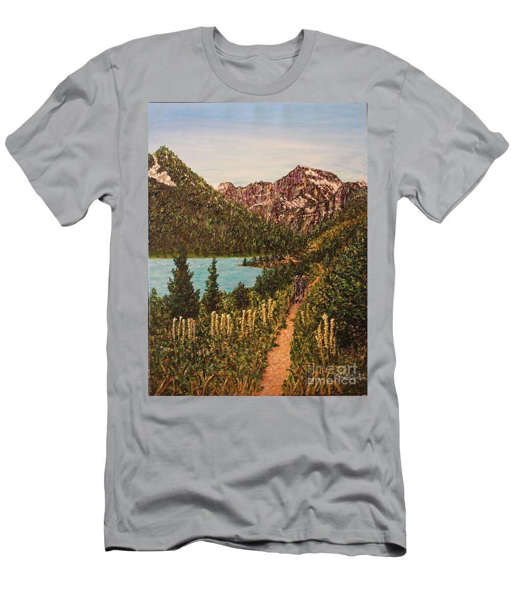 Montana T-Shirt featuring the painting Glacier Park Trail SOLD by Linda Donlin