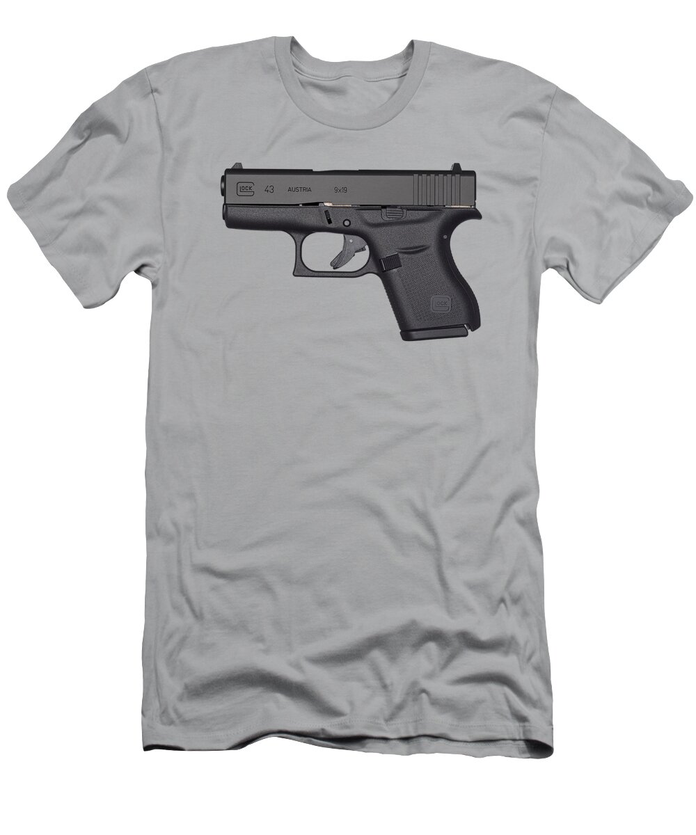 Glock 43 T-Shirt featuring the mixed media Glock 43 9mm Pistol Trees Texture by Movie Poster Prints