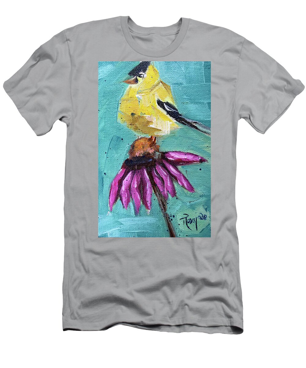 Goldfinch T-Shirt featuring the painting Goldfinch on a Coneflower by Roxy Rich
