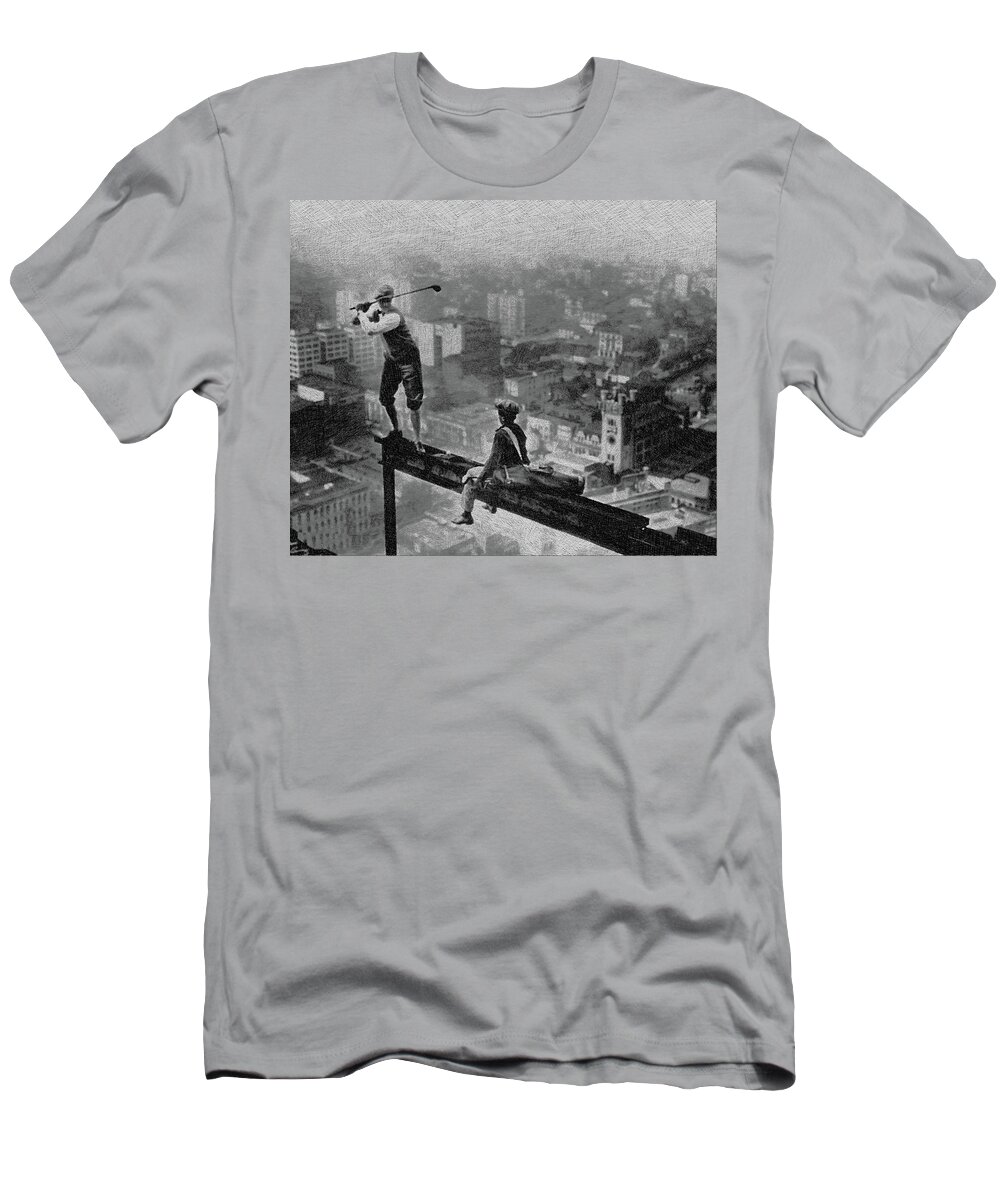 Golf T-Shirt featuring the painting Golfer On Girder Over New York Drawing by Tony Rubino