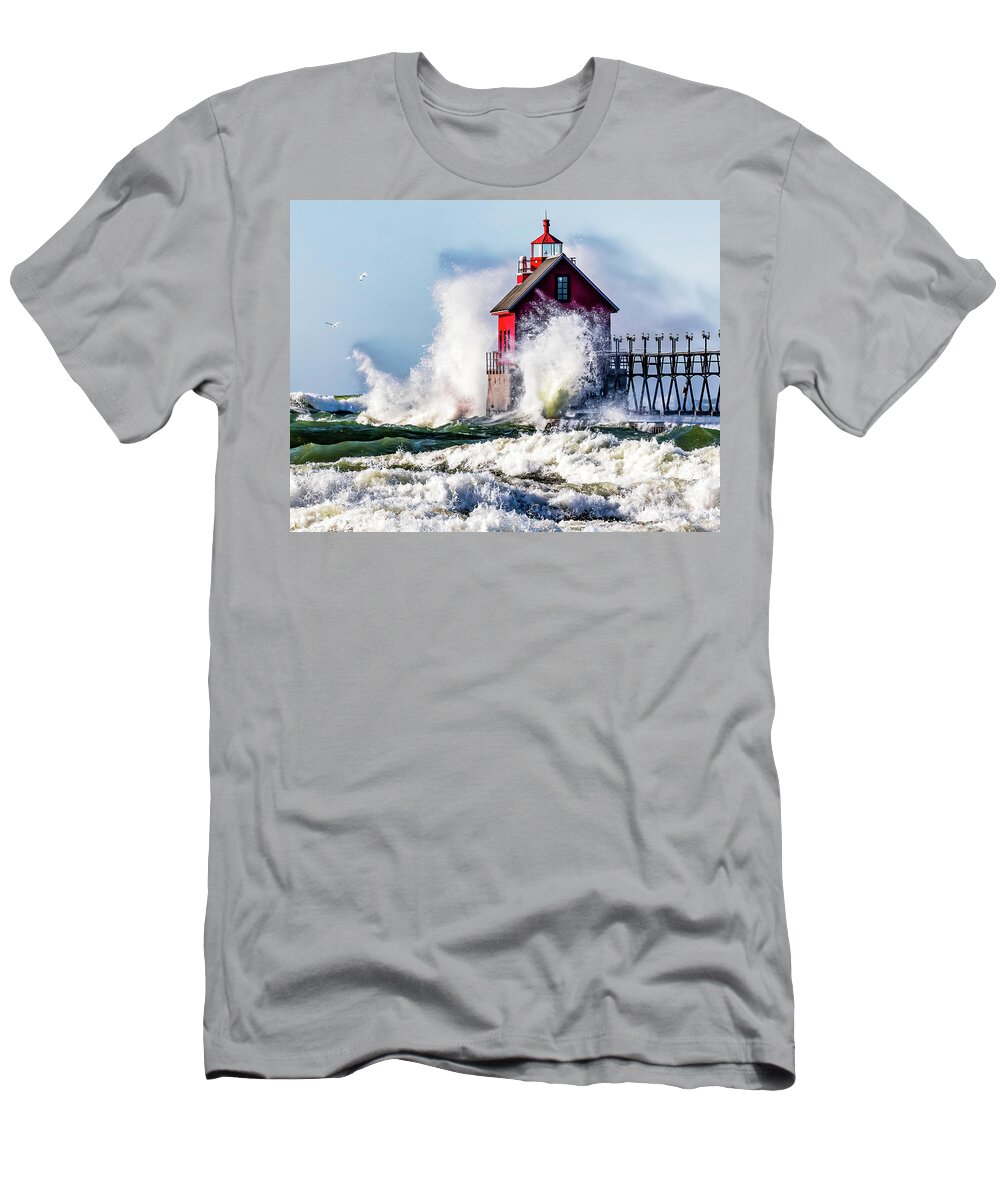 Lake Michigan T-Shirt featuring the photograph Grand Haven Splash by Joe Holley