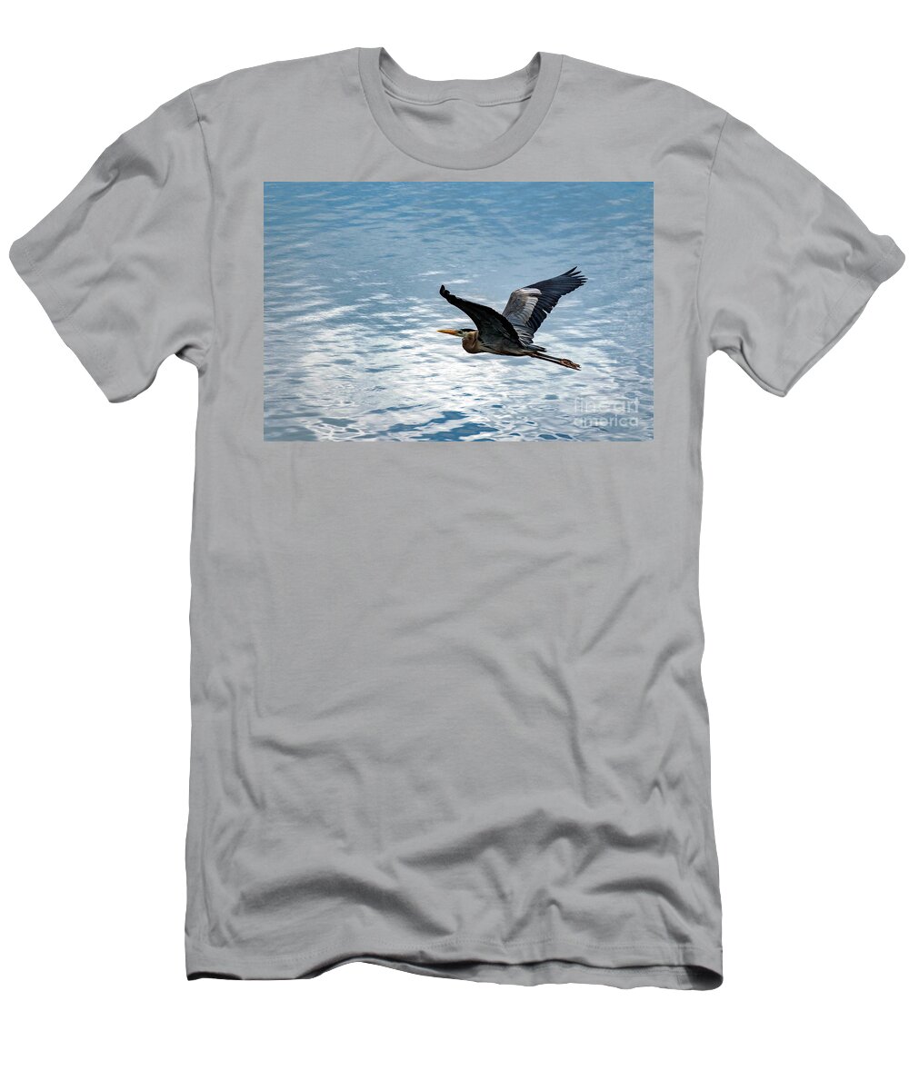 Great T-Shirt featuring the photograph Great Blue Heron In Flight by Beachtown Views