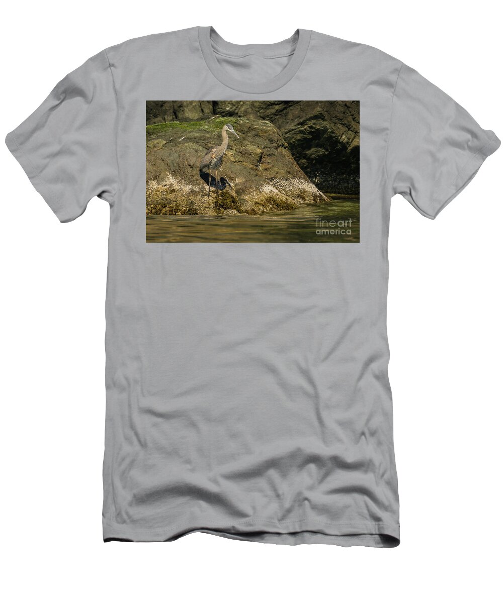 Ardea Herodias T-Shirt featuring the photograph Great Blue Heron on Lopez Island Shore by Nancy Gleason