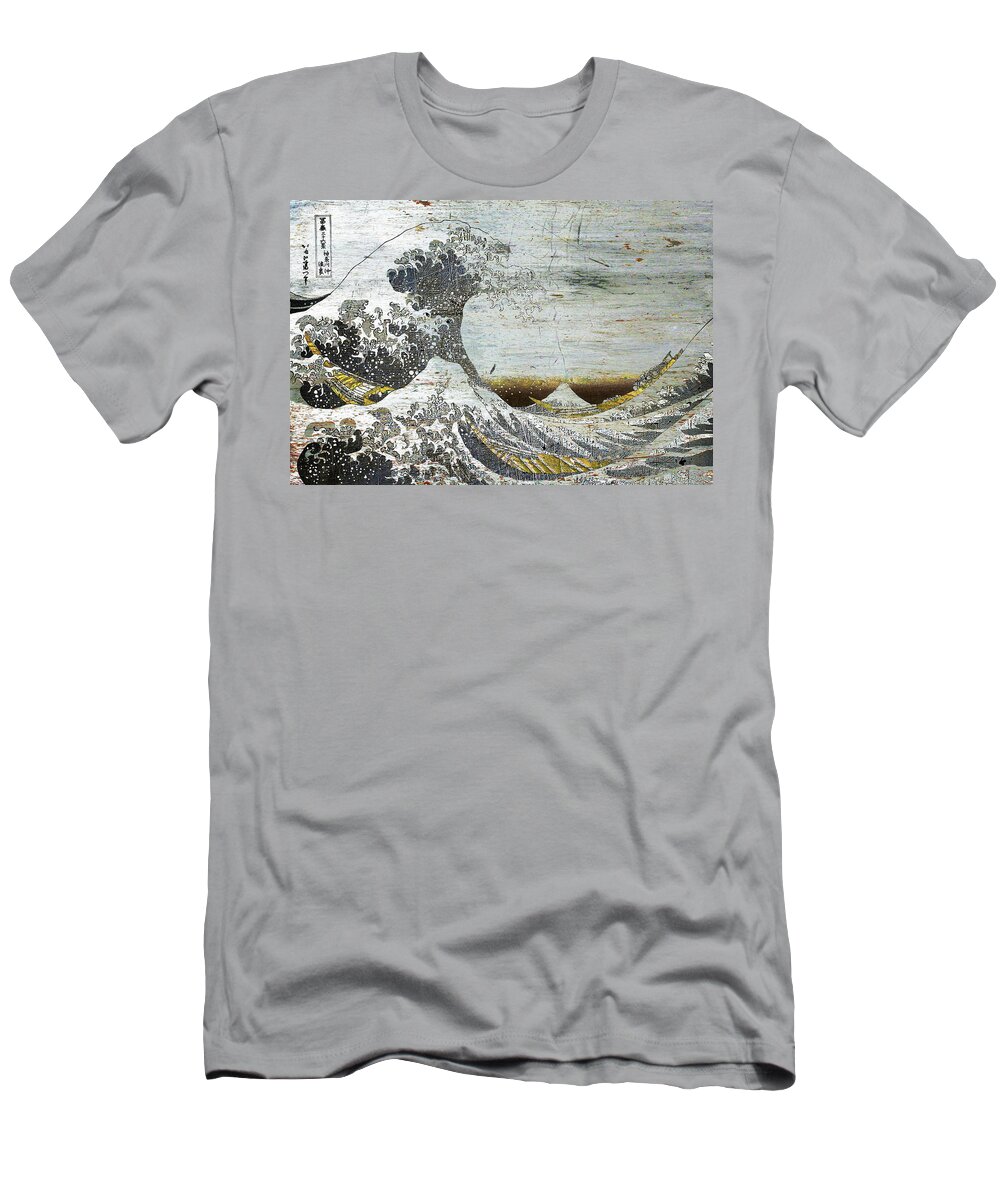 1800s T-Shirt featuring the painting Great Wave Japanese Outline Hokusai Metallic by Tony Rubino