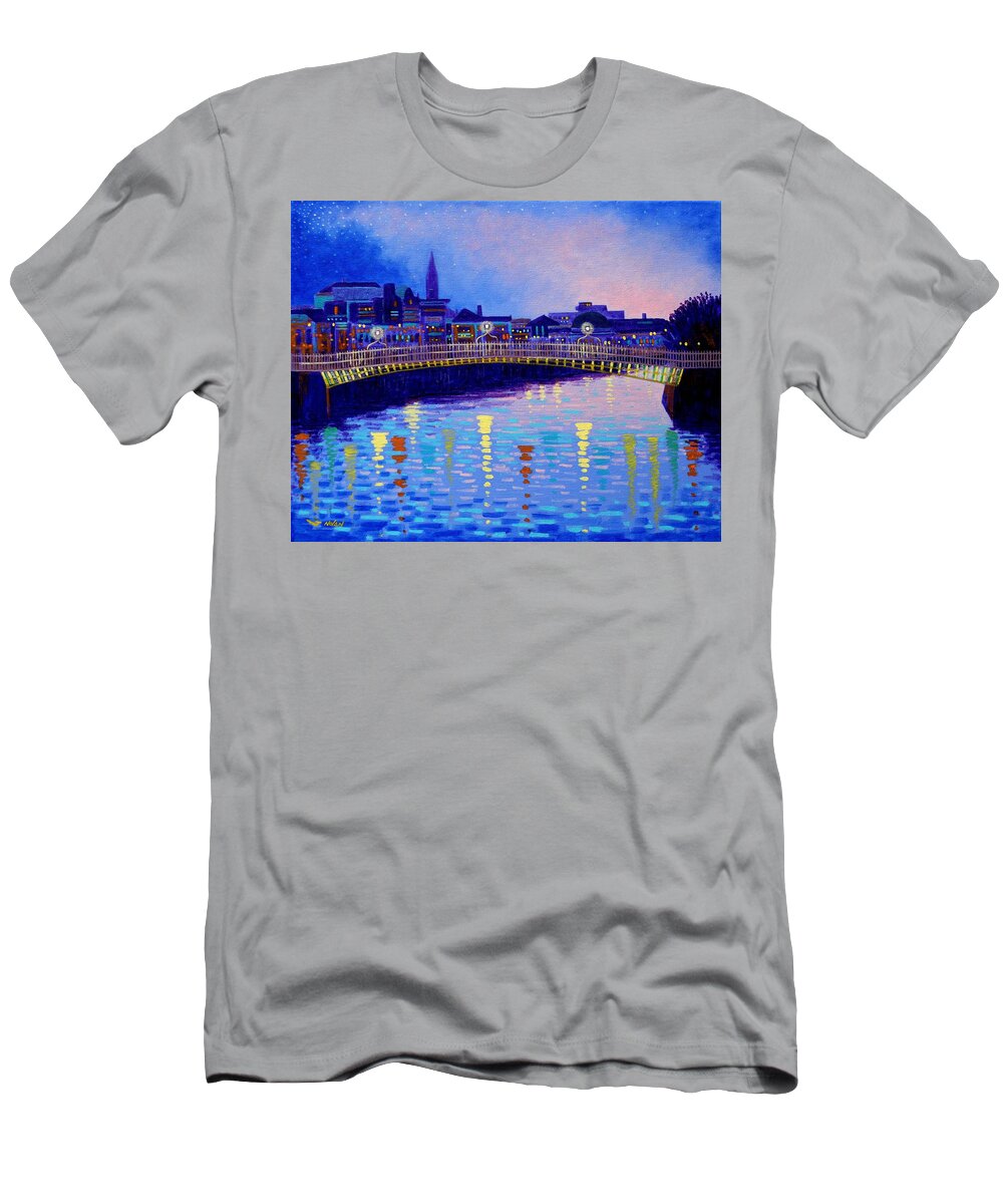 Dublin T-Shirt featuring the painting Ha Penny Bridge Dublin by John Nolan
