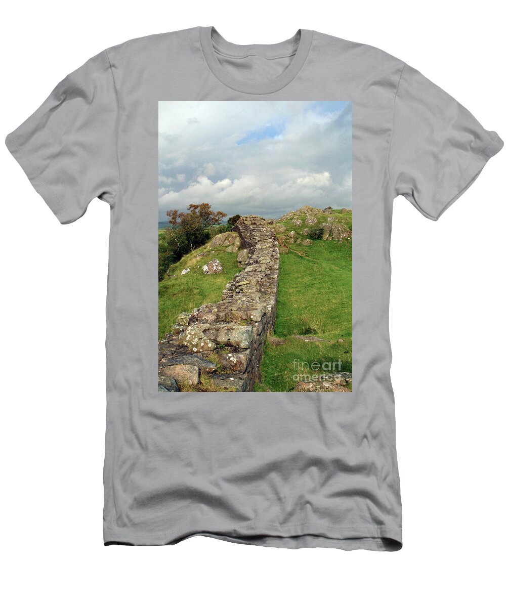 Hadrian's Wall; Wall; Stone; Countryside; Scotland; Rock; Outdoor; Outdoors; Grass; Clouds; Shrubs; Sky; Nature; History; Vertical; T-Shirt featuring the photograph Hadrian's Wall by Tina Uihlein